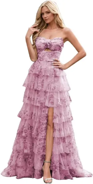Floral Tiered Chiffon Prom Dress Women Strapless Formal Party Gown Long Ruffles Evening Dresses with Side Slit