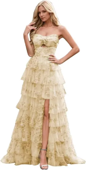 Floral Tiered Chiffon Prom Dress Women Strapless Formal Party Gown Long Ruffles Evening Dresses with Side Slit