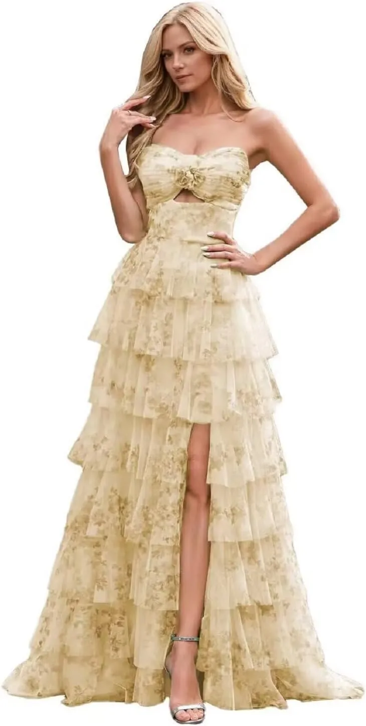 Floral Tiered Chiffon Prom Dress Women Strapless Formal Party Gown Long Ruffles Evening Dresses with Side Slit