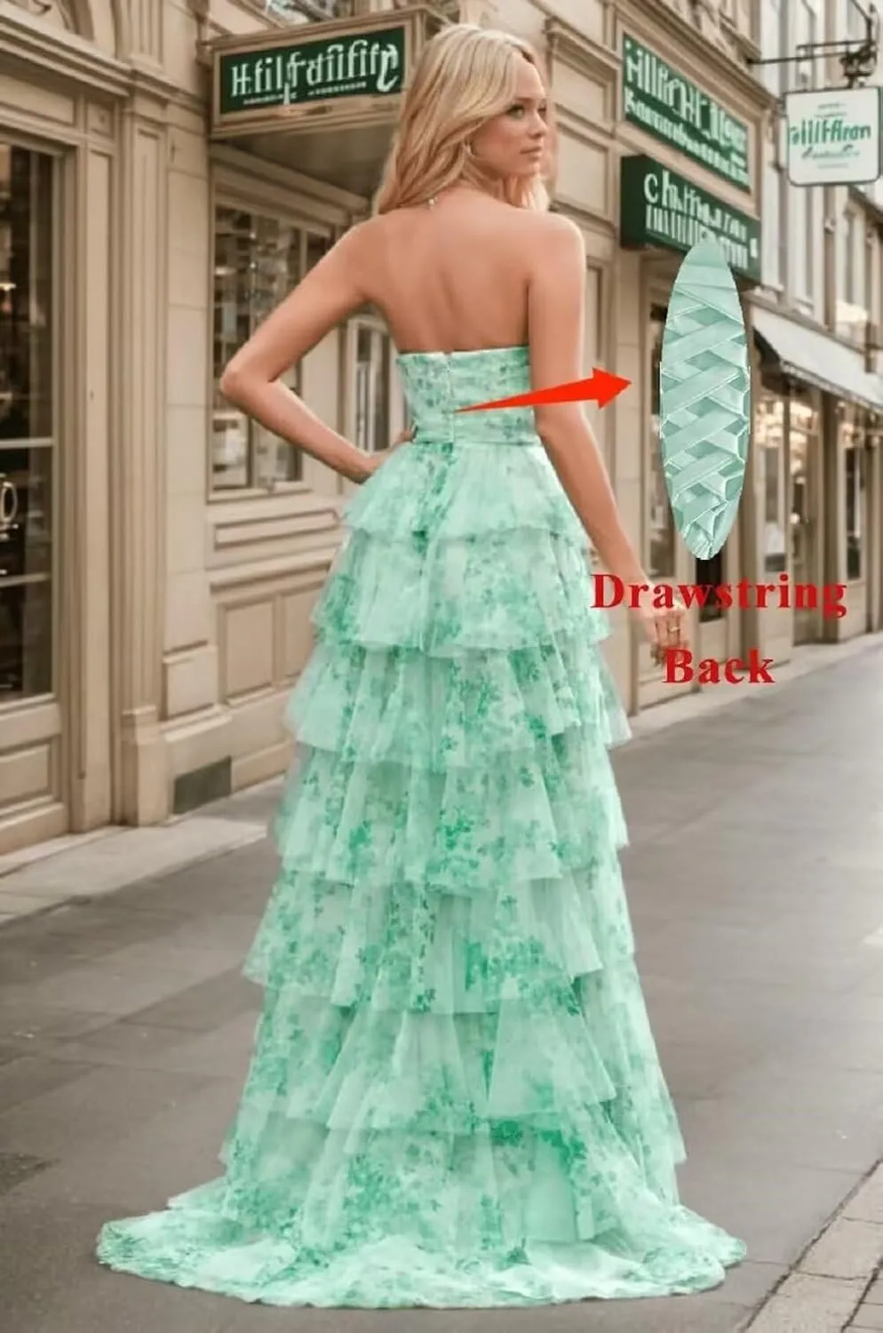 Floral Tiered Chiffon Prom Dress Women Strapless Formal Party Gown Long Ruffles Evening Dresses with Side Slit