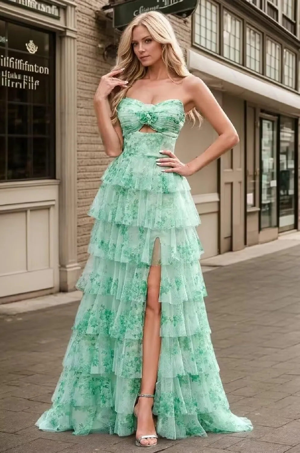 Floral Tiered Chiffon Prom Dress Women Strapless Formal Party Gown Long Ruffles Evening Dresses with Side Slit