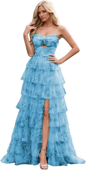 Floral Tiered Chiffon Prom Dress Women Strapless Formal Party Gown Long Ruffles Evening Dresses with Side Slit