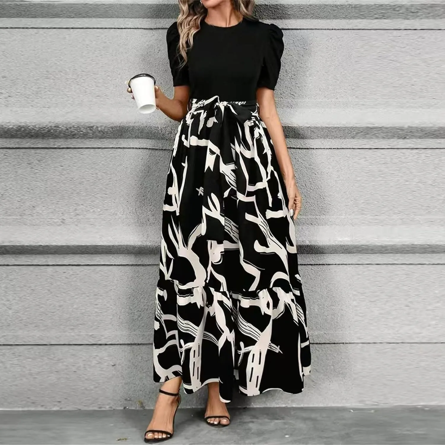 Floral Wedding Guest Dresses for Women Y2k Tie Puff Short Sleeve Maxi Dress Flowy Patchwork Ruffle Hem Modest Dresses