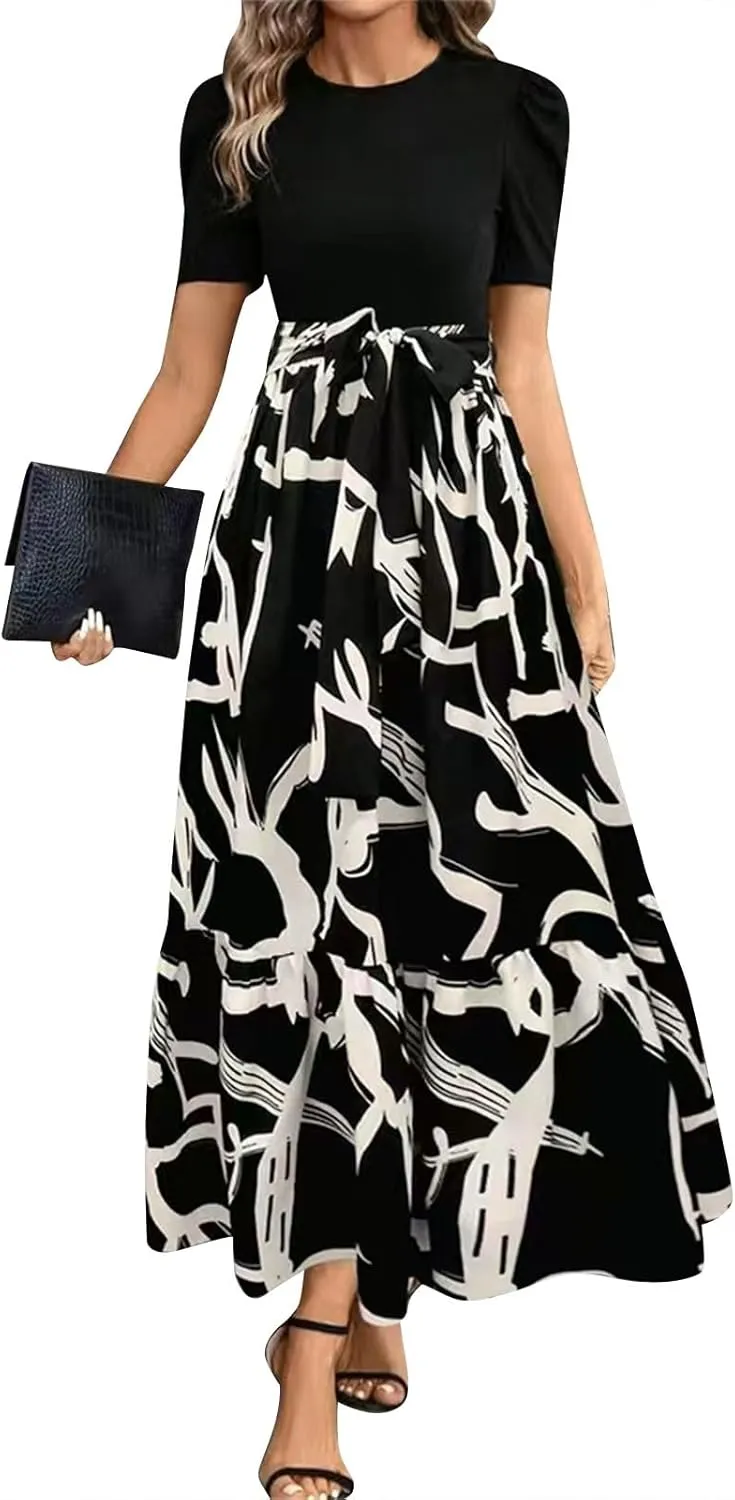 Floral Wedding Guest Dresses for Women Y2k Tie Puff Short Sleeve Maxi Dress Flowy Patchwork Ruffle Hem Modest Dresses
