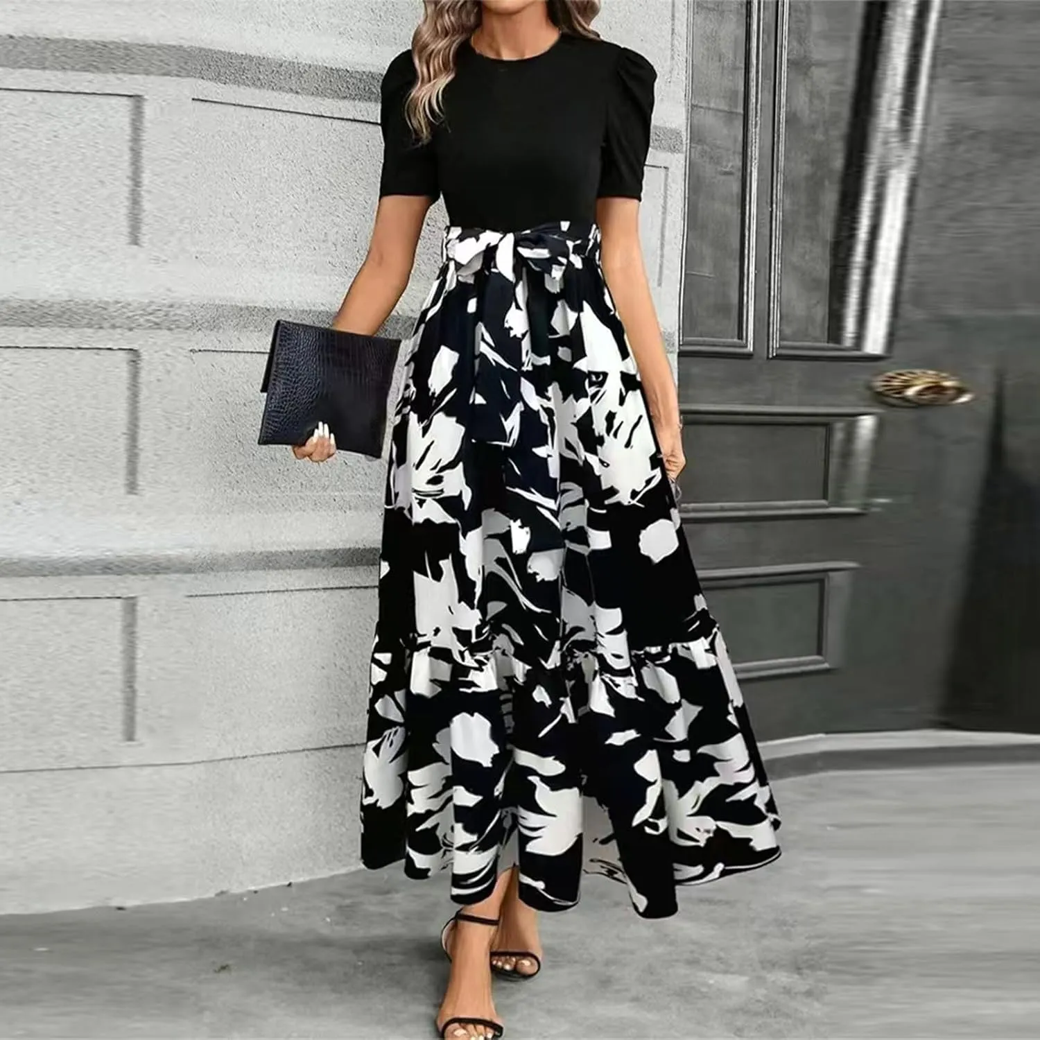 Floral Wedding Guest Dresses for Women Y2k Tie Puff Short Sleeve Maxi Dress Flowy Patchwork Ruffle Hem Modest Dresses