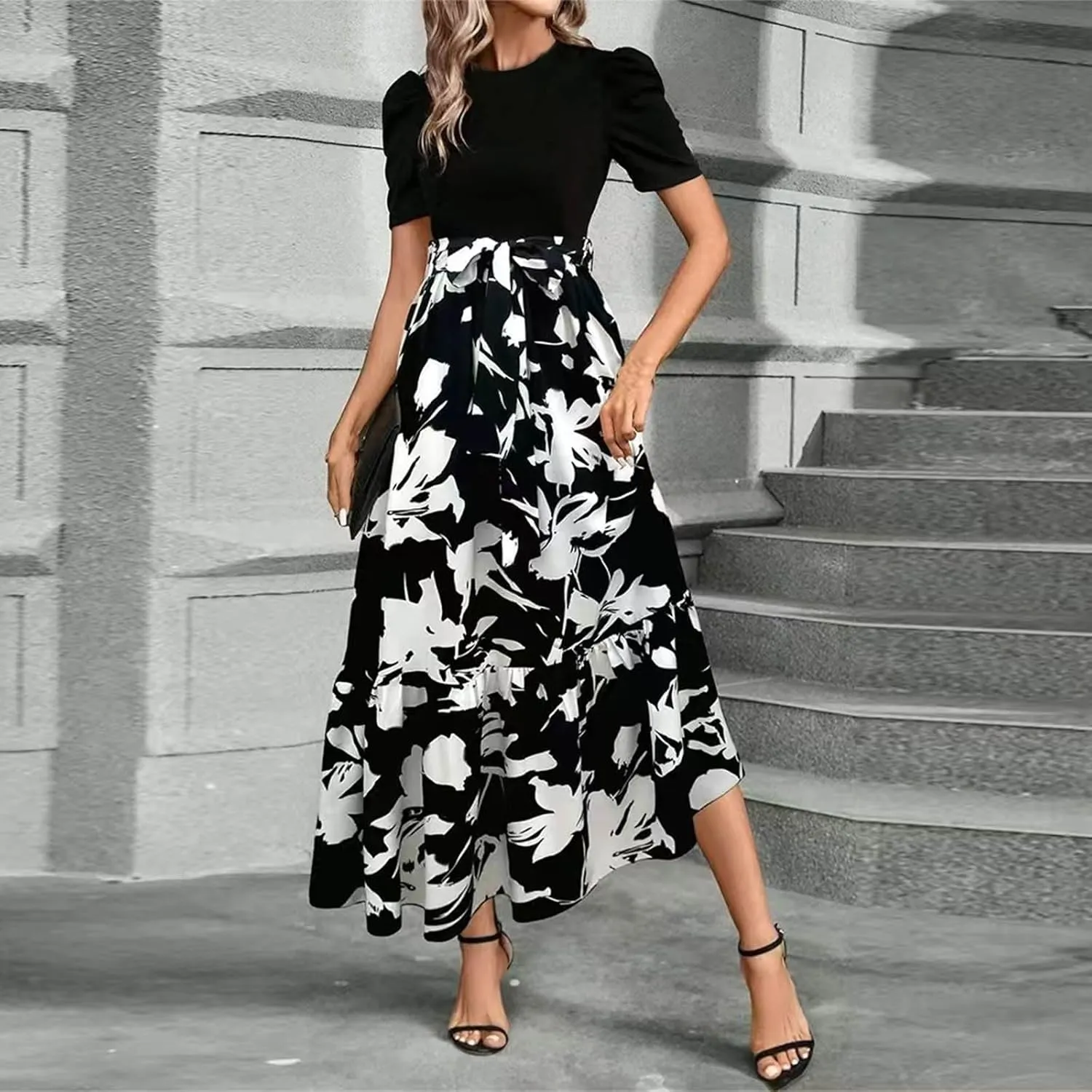 Floral Wedding Guest Dresses for Women Y2k Tie Puff Short Sleeve Maxi Dress Flowy Patchwork Ruffle Hem Modest Dresses