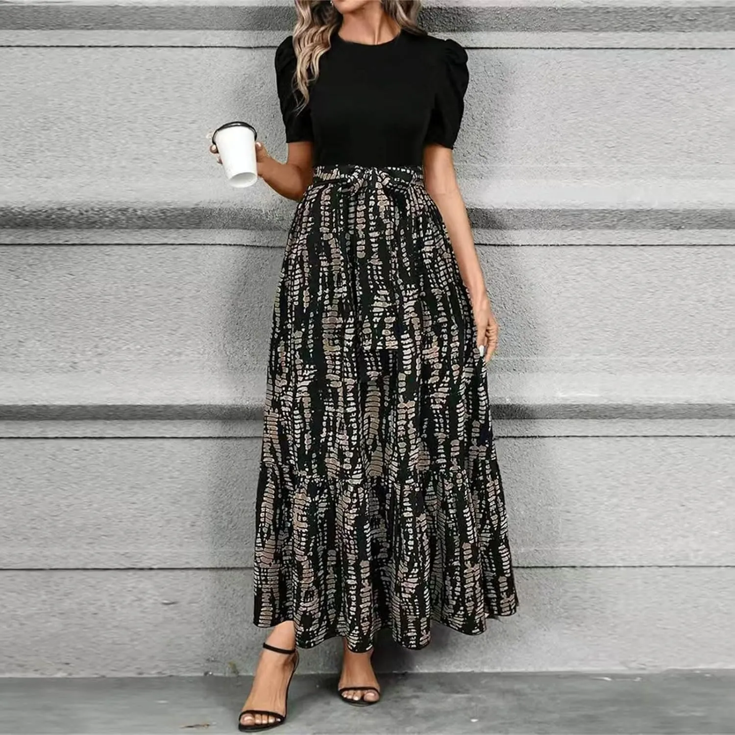 Floral Wedding Guest Dresses for Women Y2k Tie Puff Short Sleeve Maxi Dress Flowy Patchwork Ruffle Hem Modest Dresses