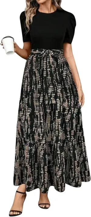 Floral Wedding Guest Dresses for Women Y2k Tie Puff Short Sleeve Maxi Dress Flowy Patchwork Ruffle Hem Modest Dresses