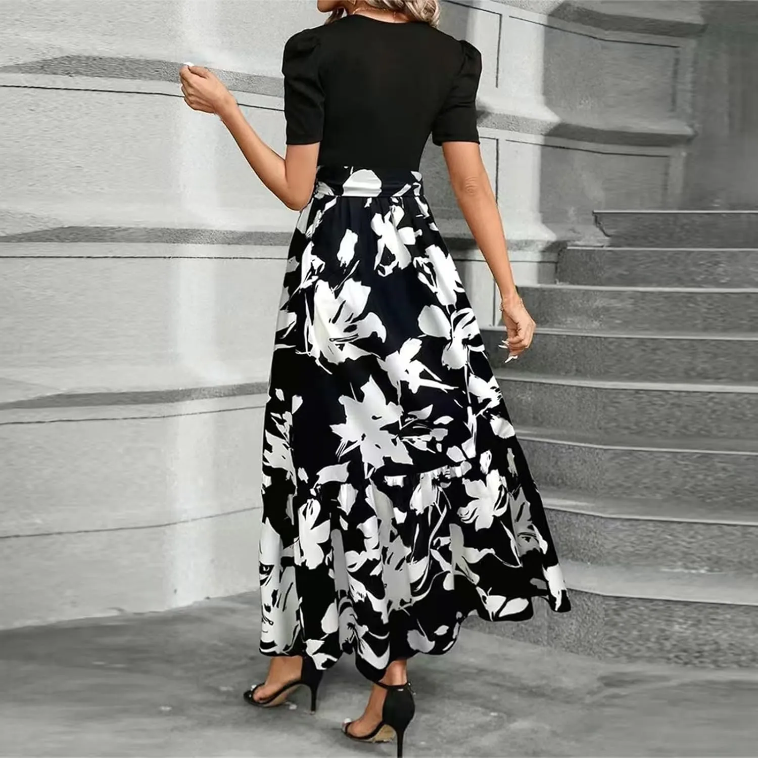 Floral Wedding Guest Dresses for Women Y2k Tie Puff Short Sleeve Maxi Dress Flowy Patchwork Ruffle Hem Modest Dresses