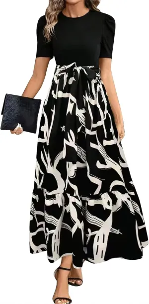 Floral Wedding Guest Dresses for Women Y2k Tie Puff Short Sleeve Maxi Dress Flowy Patchwork Ruffle Hem Modest Dresses