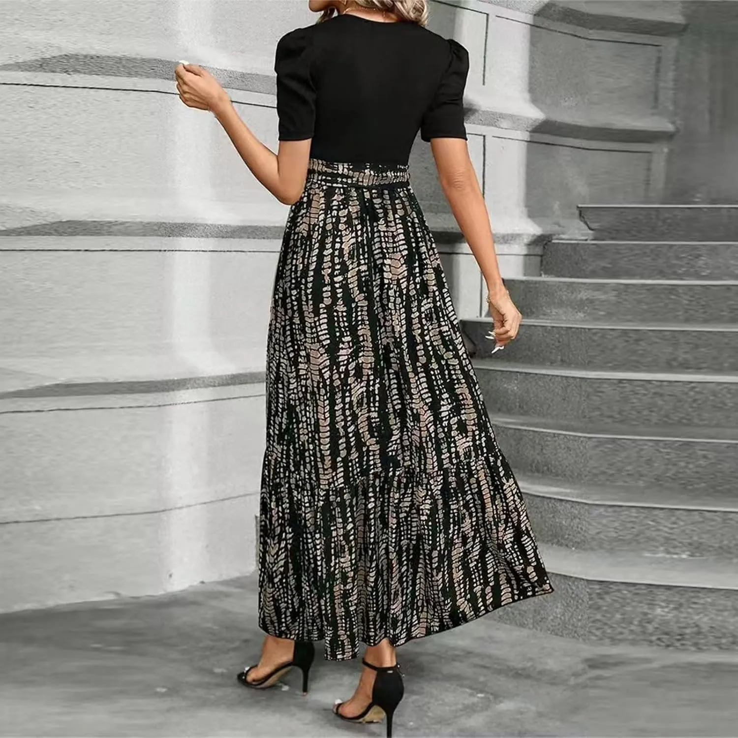 Floral Wedding Guest Dresses for Women Y2k Tie Puff Short Sleeve Maxi Dress Flowy Patchwork Ruffle Hem Modest Dresses