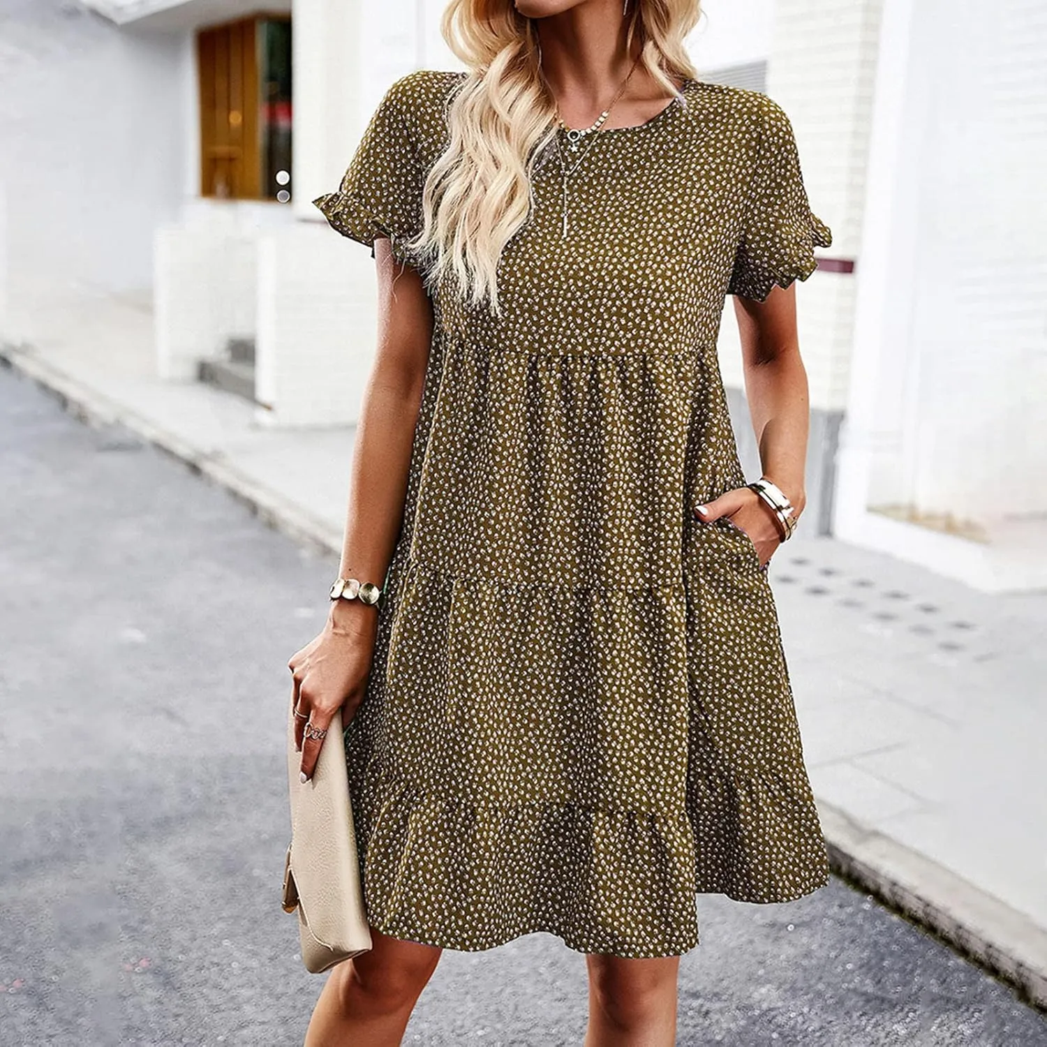 Flower Dresses for Women, Summer Casual Boho Dress Floral Ruffle Hem Puff Sleeve High Waist Midi Beach Dresses Comfy