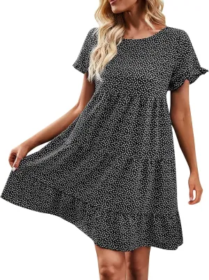 Flower Dresses for Women, Summer Casual Boho Dress Floral Ruffle Hem Puff Sleeve High Waist Midi Beach Dresses Comfy