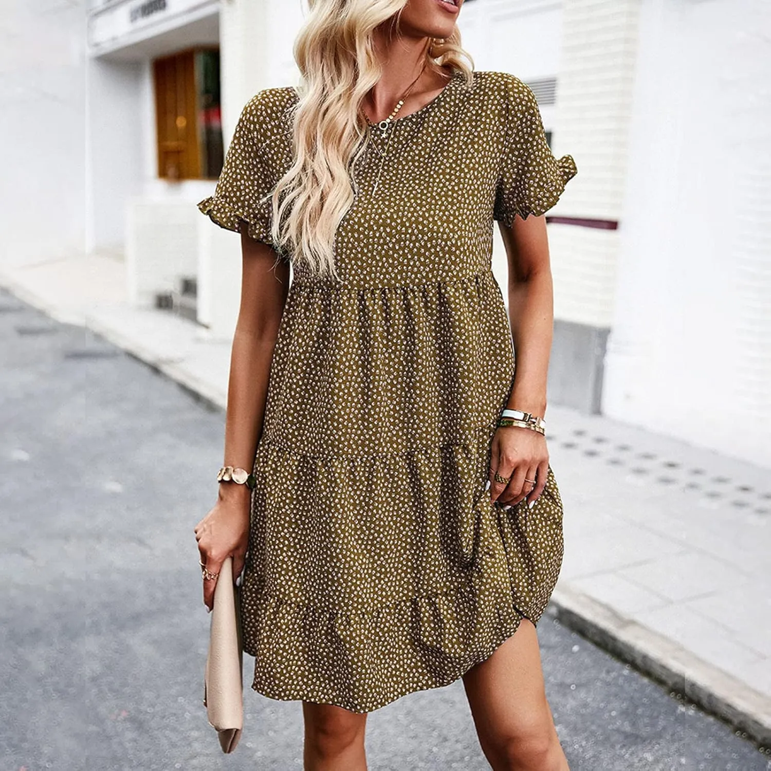 Flower Dresses for Women, Summer Casual Boho Dress Floral Ruffle Hem Puff Sleeve High Waist Midi Beach Dresses Comfy