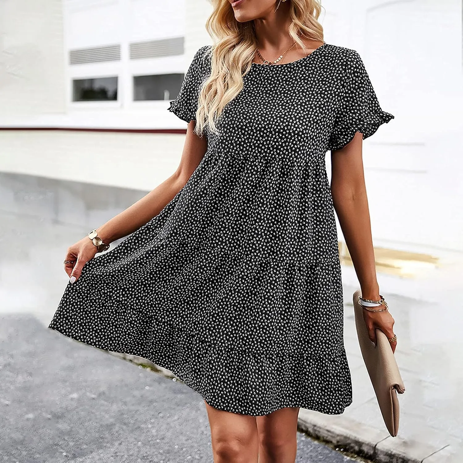 Flower Dresses for Women, Summer Casual Boho Dress Floral Ruffle Hem Puff Sleeve High Waist Midi Beach Dresses Comfy