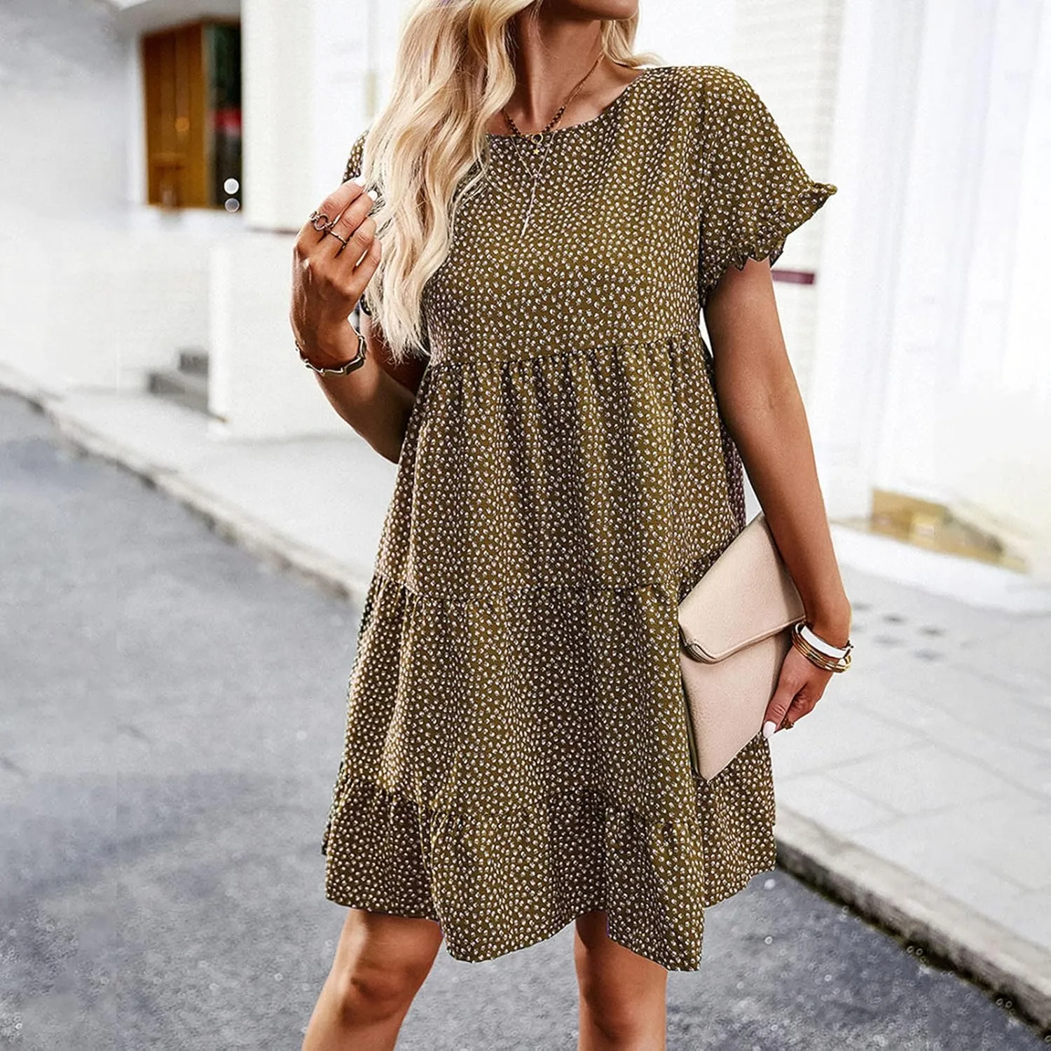 Flower Dresses for Women, Summer Casual Boho Dress Floral Ruffle Hem Puff Sleeve High Waist Midi Beach Dresses Comfy