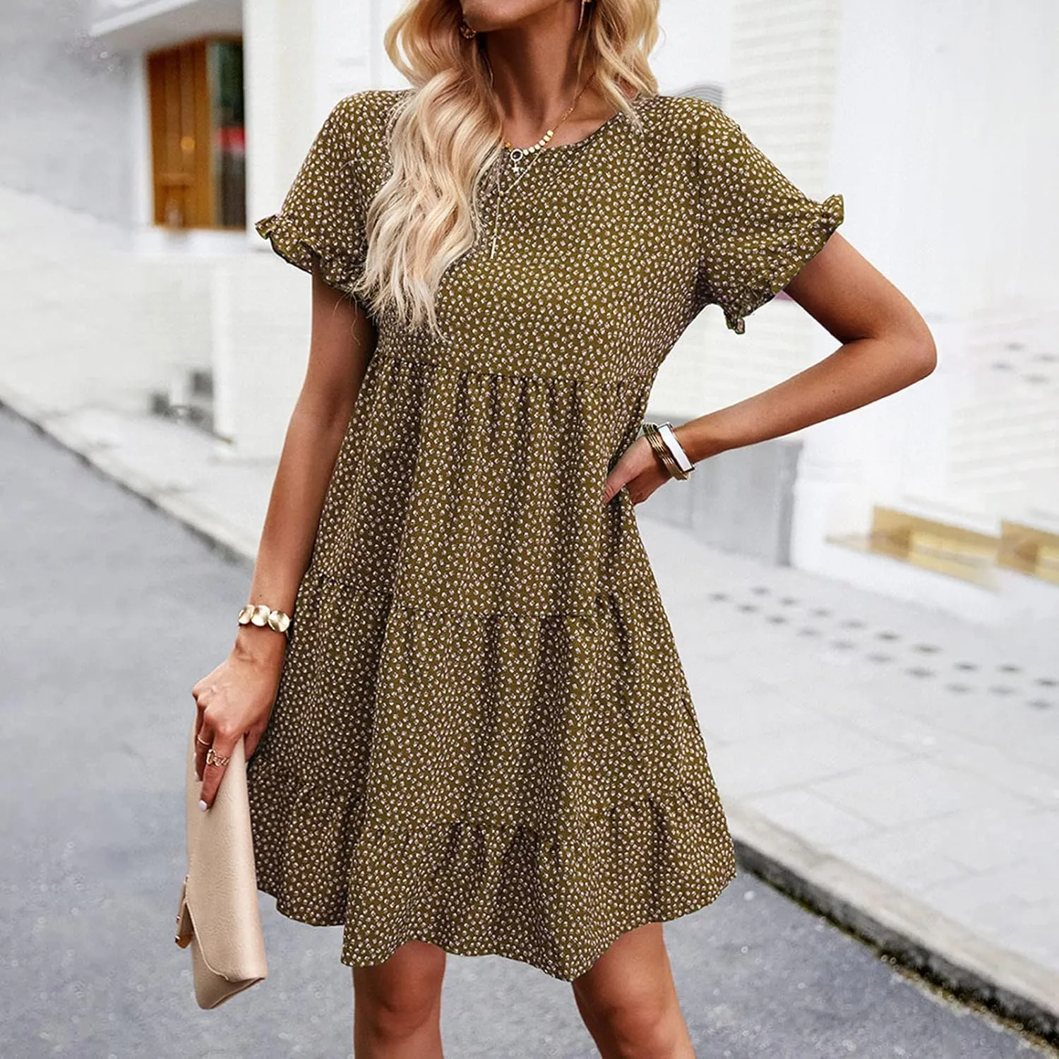 Flower Dresses for Women, Summer Casual Boho Dress Floral Ruffle Hem Puff Sleeve High Waist Midi Beach Dresses Comfy