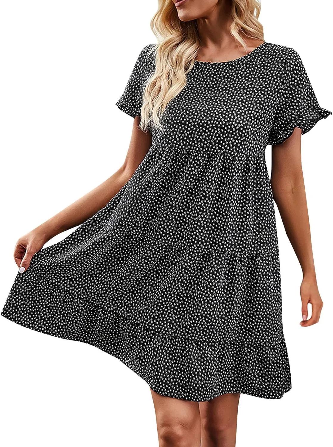 Flower Dresses for Women, Summer Casual Boho Dress Floral Ruffle Hem Puff Sleeve High Waist Midi Beach Dresses Comfy