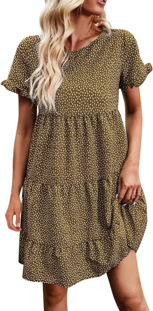Flower Dresses for Women, Summer Casual Boho Dress Floral Ruffle Hem Puff Sleeve High Waist Midi Beach Dresses Comfy