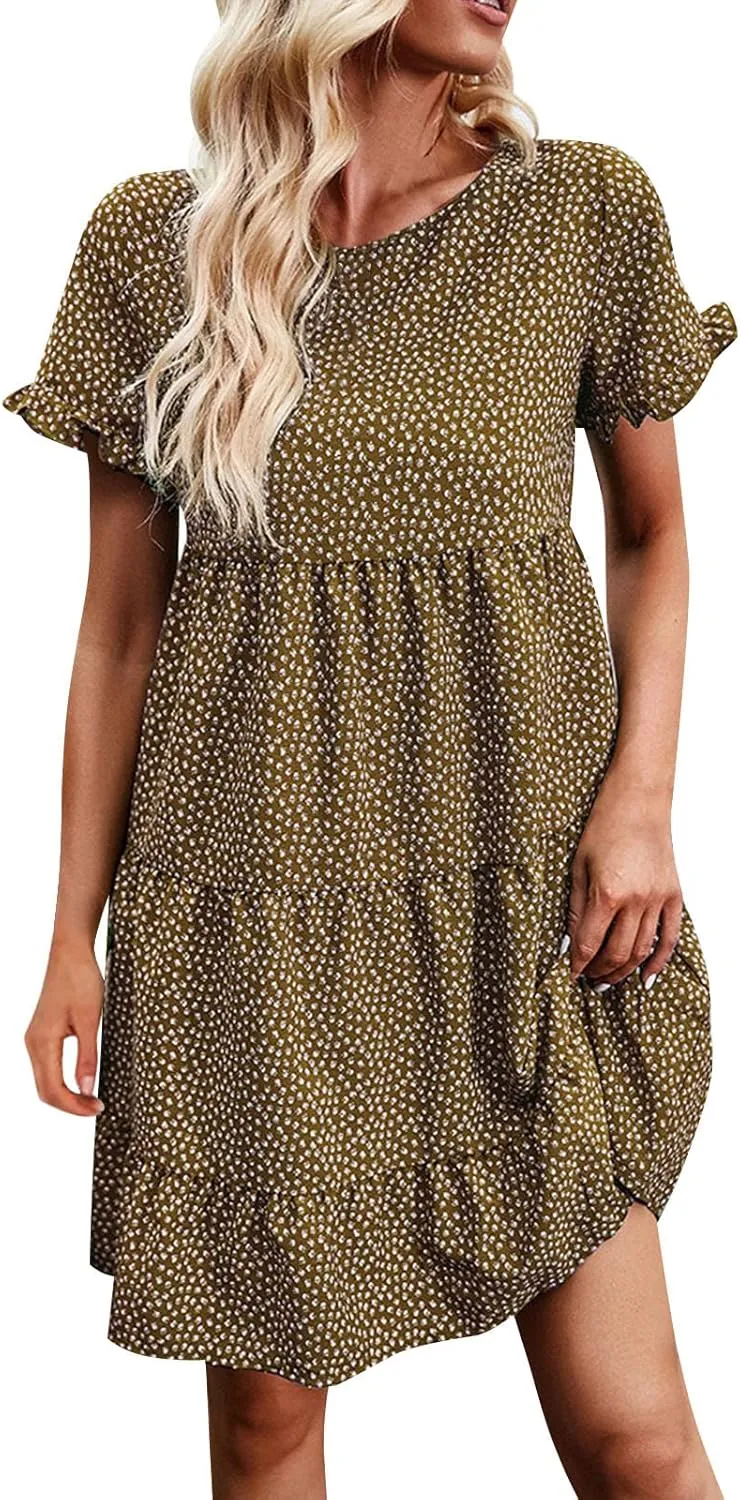 Flower Dresses for Women, Summer Casual Boho Dress Floral Ruffle Hem Puff Sleeve High Waist Midi Beach Dresses Comfy