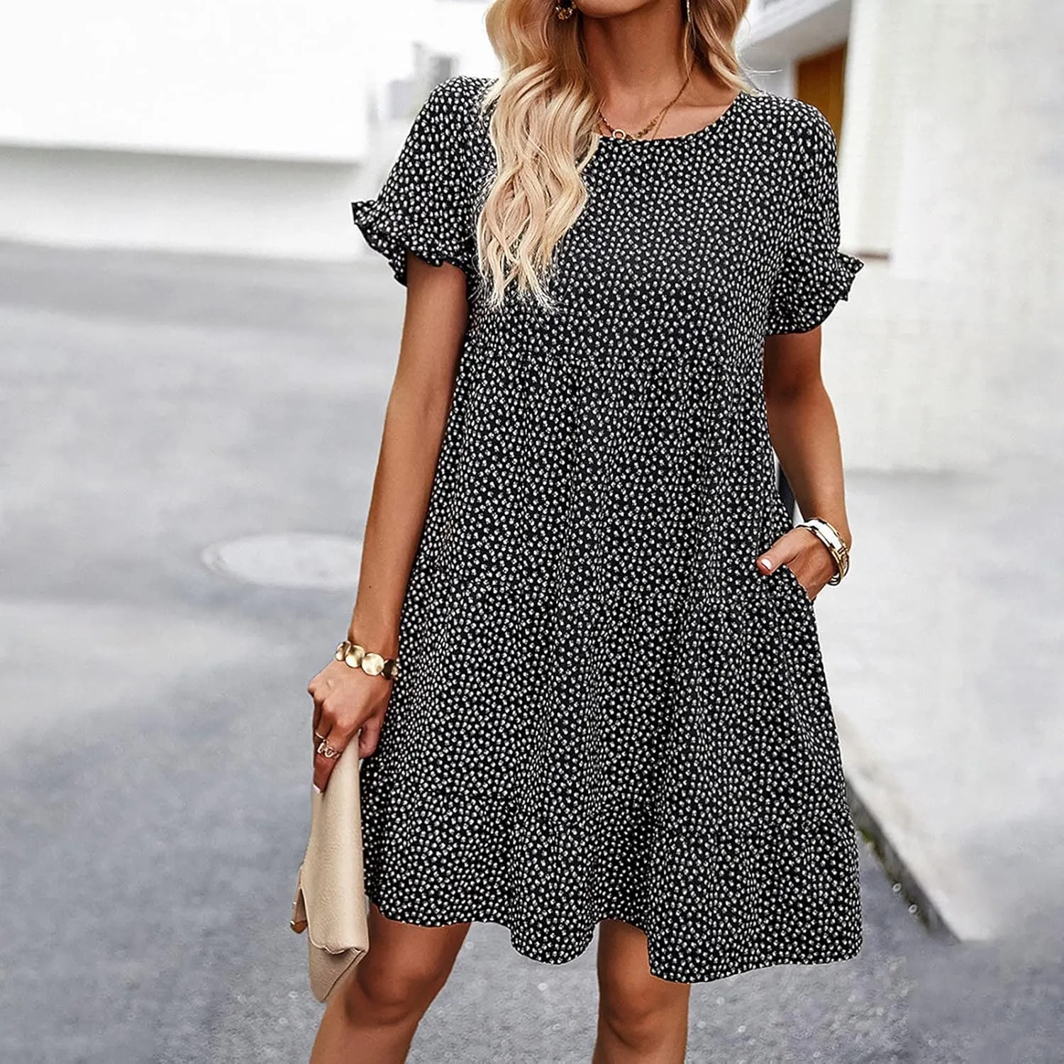 Flower Dresses for Women, Summer Casual Boho Dress Floral Ruffle Hem Puff Sleeve High Waist Midi Beach Dresses Comfy