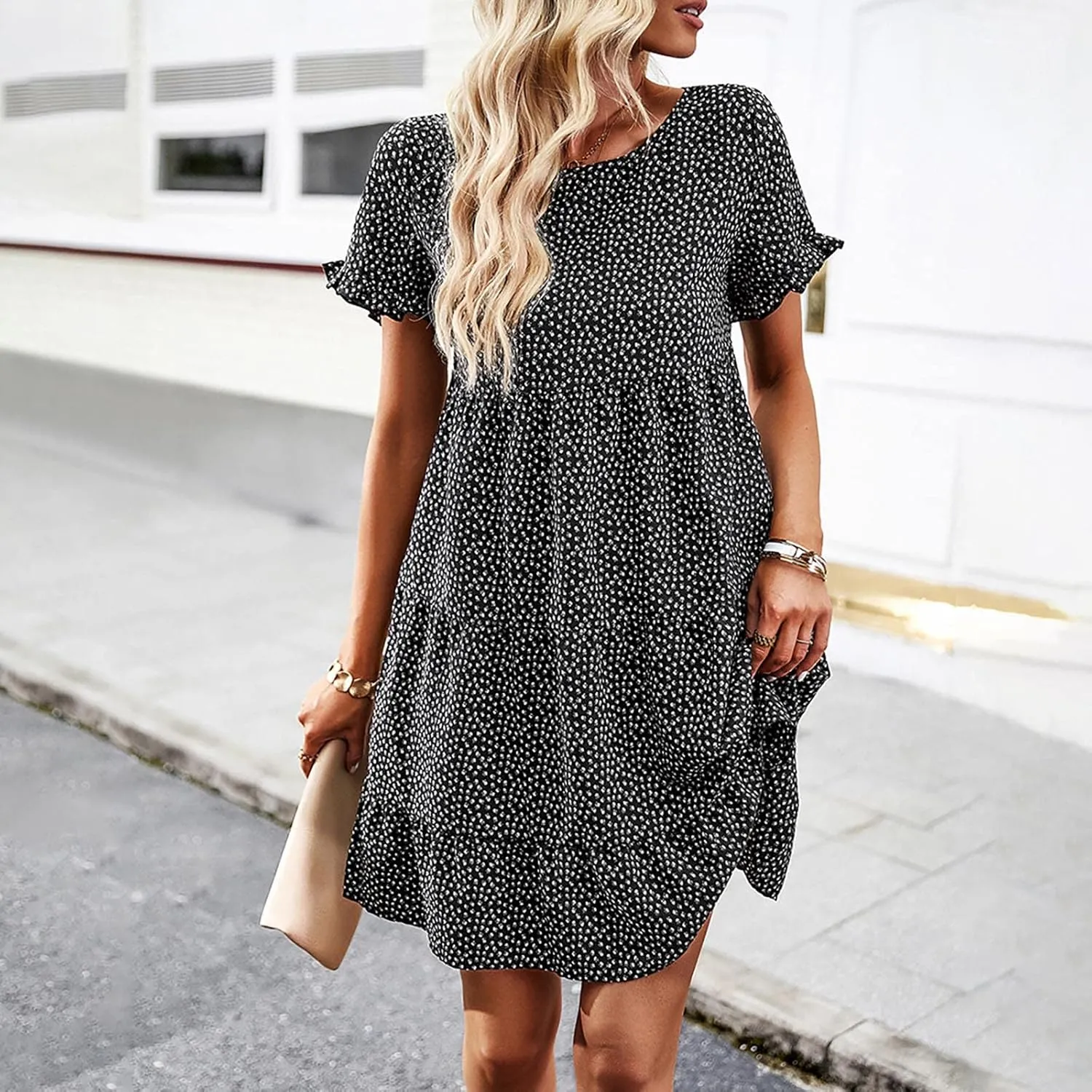 Flower Dresses for Women, Summer Casual Boho Dress Floral Ruffle Hem Puff Sleeve High Waist Midi Beach Dresses Comfy