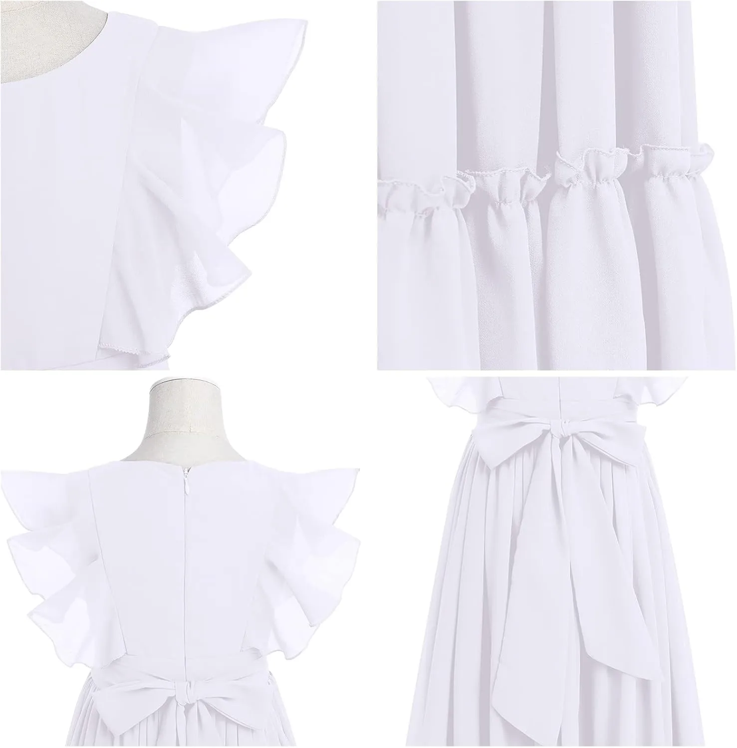Flower Girl Flowy Ruffle Chiffon Trim A-Line Dress for Kid Wedding Junior Bridesmaid Communion Party Pageant Maxi Belted Gown