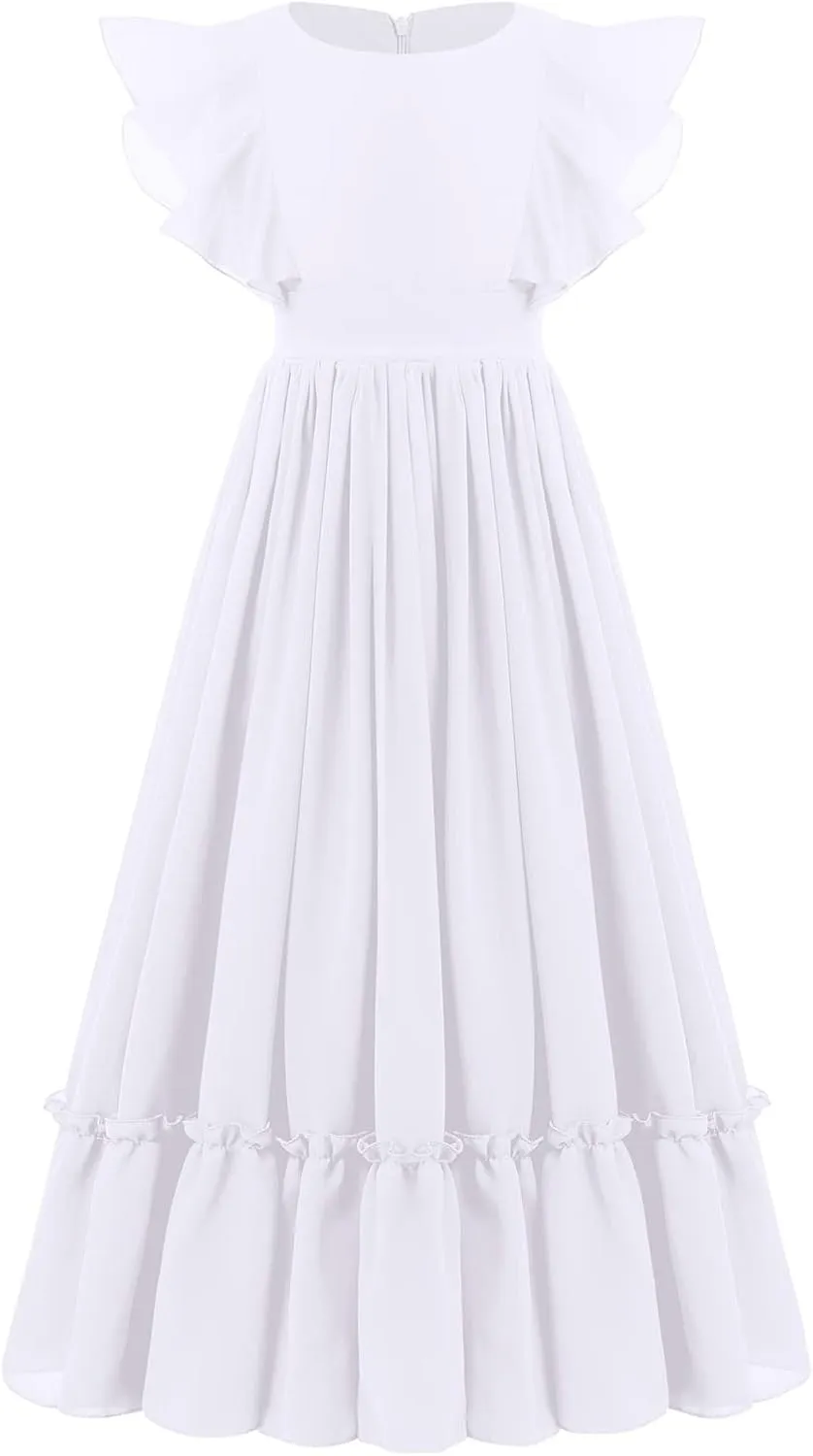 Flower Girl Flowy Ruffle Chiffon Trim A-Line Dress for Kid Wedding Junior Bridesmaid Communion Party Pageant Maxi Belted Gown