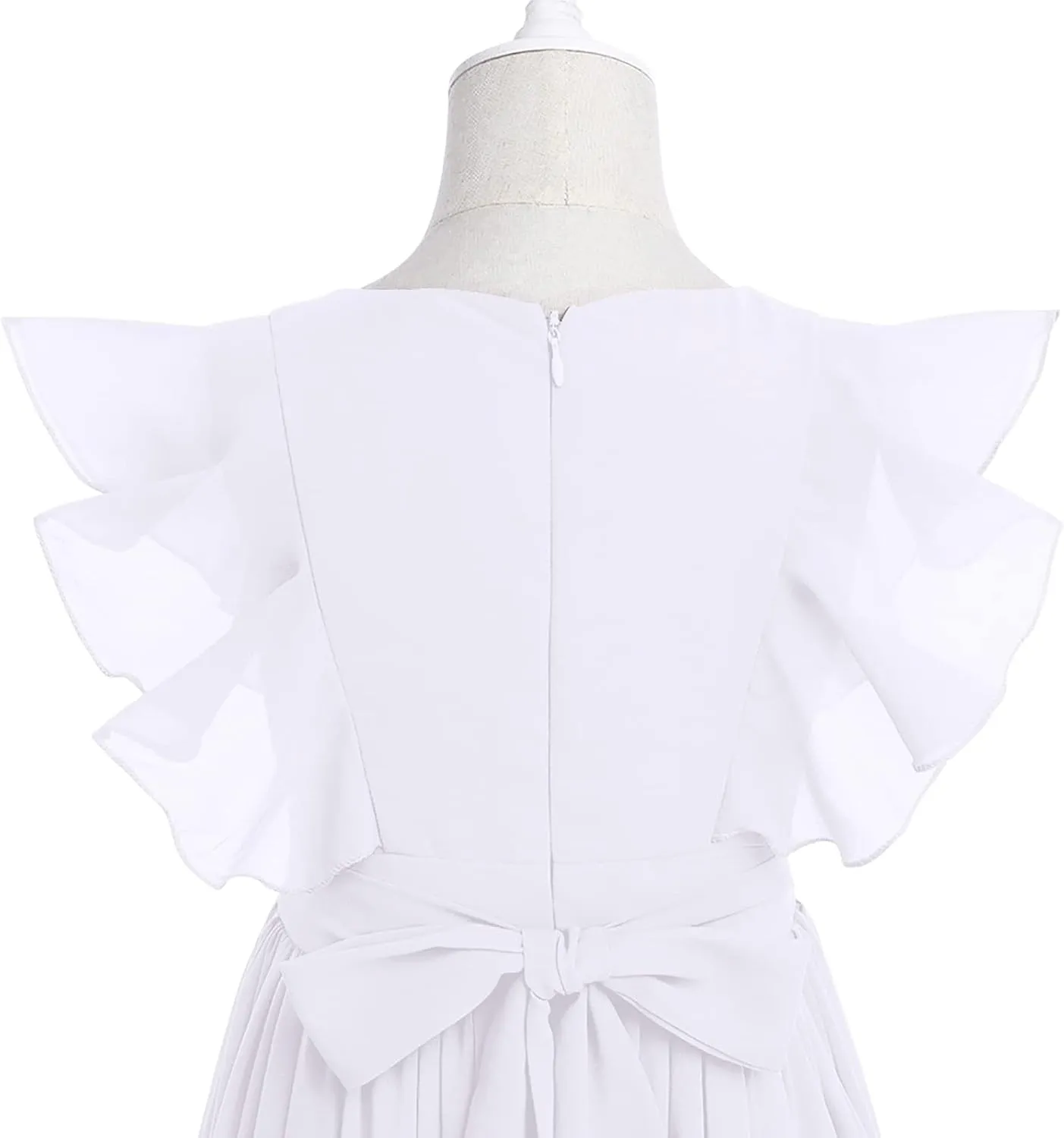 Flower Girl Flowy Ruffle Chiffon Trim A-Line Dress for Kid Wedding Junior Bridesmaid Communion Party Pageant Maxi Belted Gown