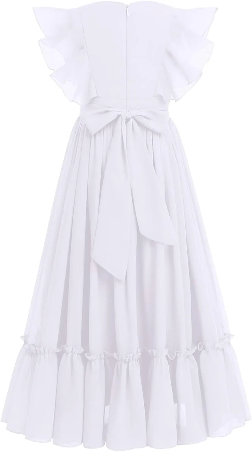 Flower Girl Flowy Ruffle Chiffon Trim A-Line Dress for Kid Wedding Junior Bridesmaid Communion Party Pageant Maxi Belted Gown