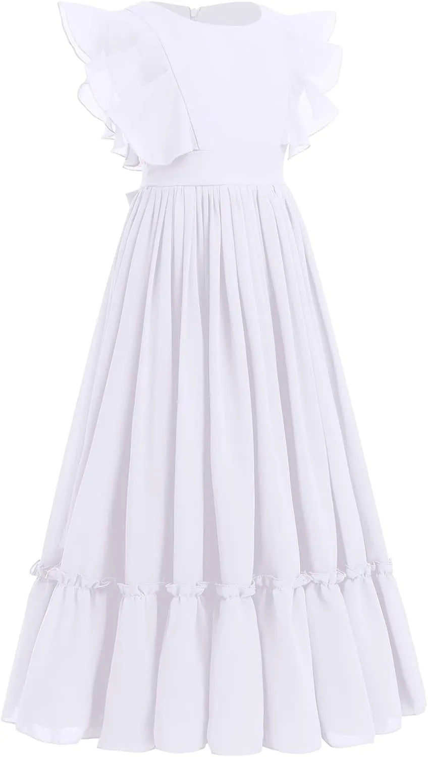 Flower Girl Flowy Ruffle Chiffon Trim A-Line Dress for Kid Wedding Junior Bridesmaid Communion Party Pageant Maxi Belted Gown