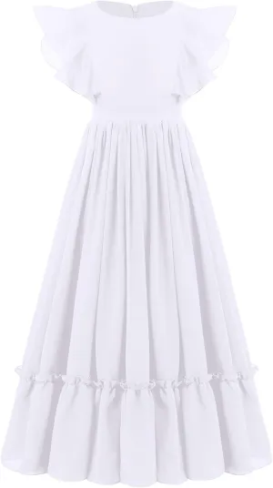 Flower Girl Flowy Ruffle Chiffon Trim A-Line Dress for Kid Wedding Junior Bridesmaid Communion Party Pageant Maxi Belted Gown