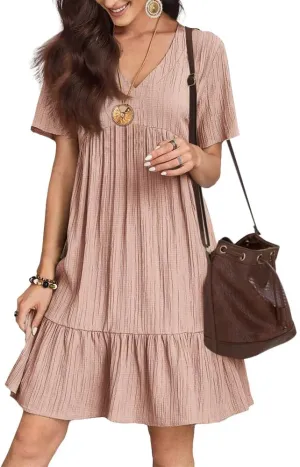 Flowy Dresses for Women Short Sleeve V-Neck Loose Dress Ruffle Pleated Swing A Line Beach Sundress