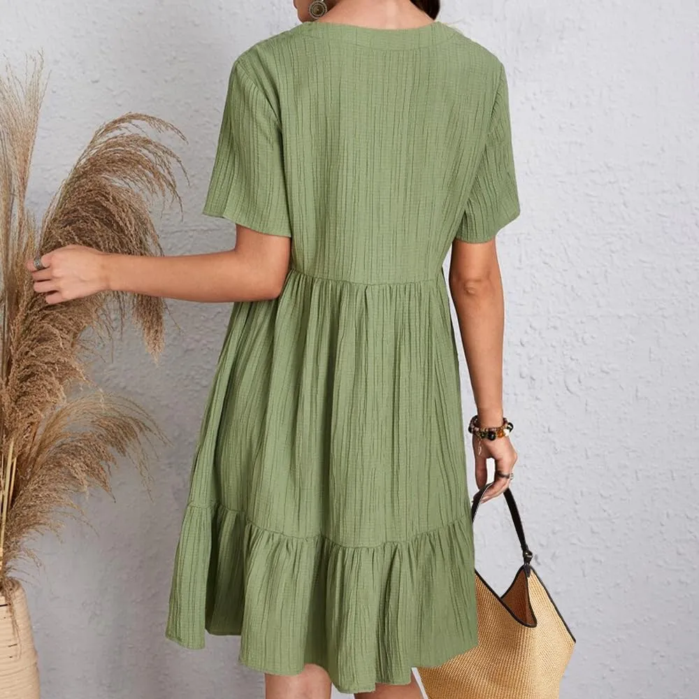 Flowy Dresses for Women Short Sleeve V-Neck Loose Dress Ruffle Pleated Swing A Line Beach Sundress
