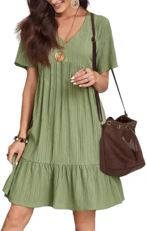 Flowy Dresses for Women Short Sleeve V-Neck Loose Dress Ruffle Pleated Swing A Line Beach Sundress