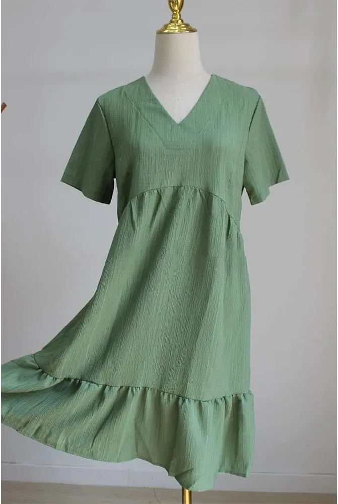 Flowy Dresses for Women Short Sleeve V-Neck Loose Dress Ruffle Pleated Swing A Line Beach Sundress