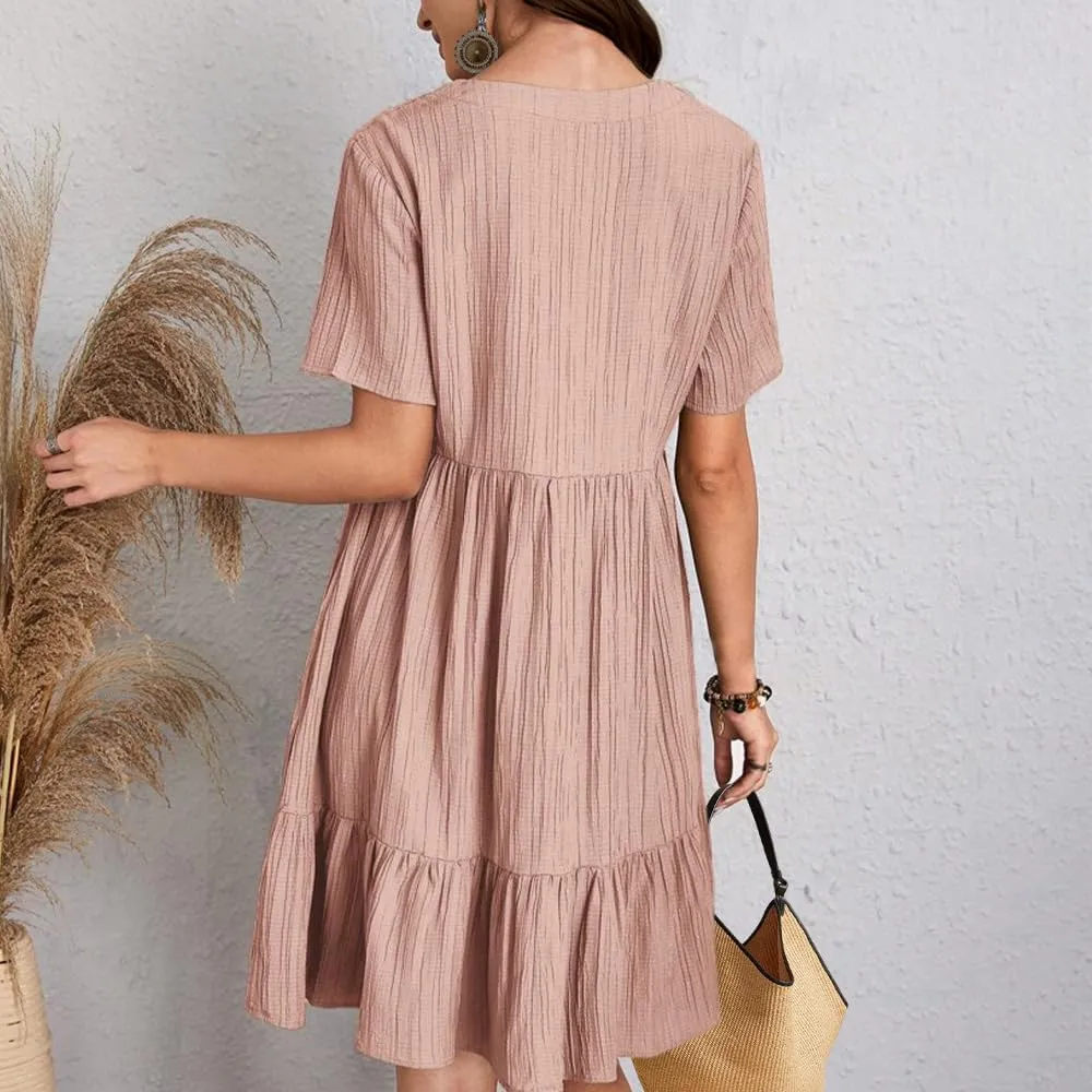 Flowy Dresses for Women Short Sleeve V-Neck Loose Dress Ruffle Pleated Swing A Line Beach Sundress