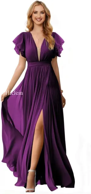 Flutter Sleeve Chiffon Bridesmaid Dresses for Women Wedding V Neck Ruched Long Formal Evening Dress with Slit