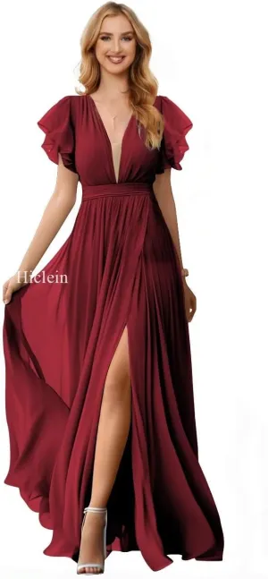 Flutter Sleeve Chiffon Bridesmaid Dresses for Women Wedding V Neck Ruched Long Formal Evening Dress with Slit