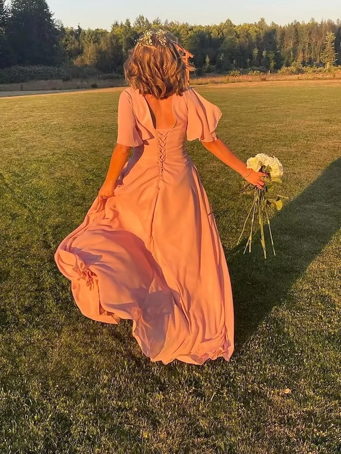 Flutter Sleeve Chiffon Bridesmaid Dresses for Women Wedding V Neck Ruched Long Formal Evening Dress with Slit