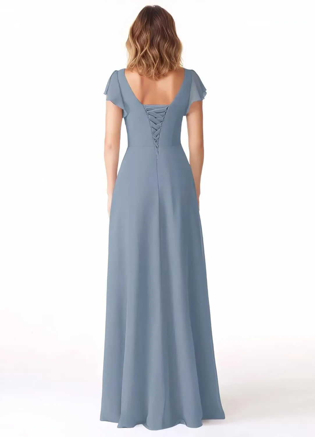 Flutter Sleeve Chiffon Bridesmaid Dresses with Slit Long V Neck A-Line Pleated Formal Evening Dresses for Women