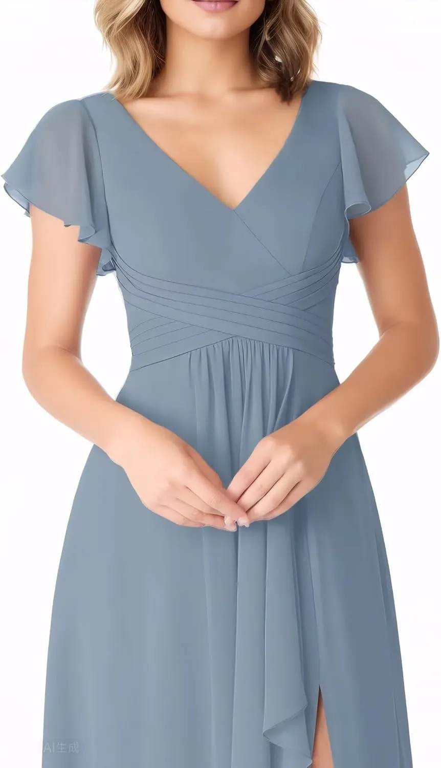 Flutter Sleeve Chiffon Bridesmaid Dresses with Slit Long V Neck A-Line Pleated Formal Evening Dresses for Women