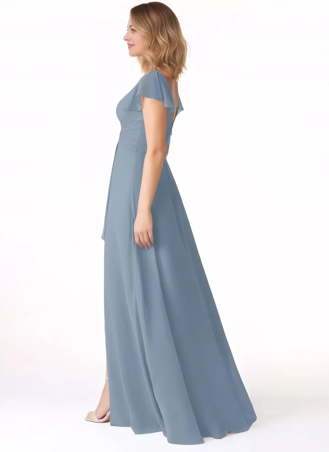 Flutter Sleeve Chiffon Bridesmaid Dresses with Slit Long V Neck A-Line Pleated Formal Evening Dresses for Women