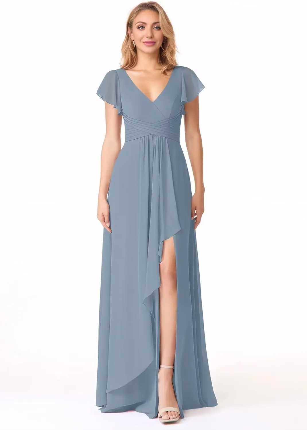Flutter Sleeve Chiffon Bridesmaid Dresses with Slit Long V Neck A-Line Pleated Formal Evening Dresses for Women