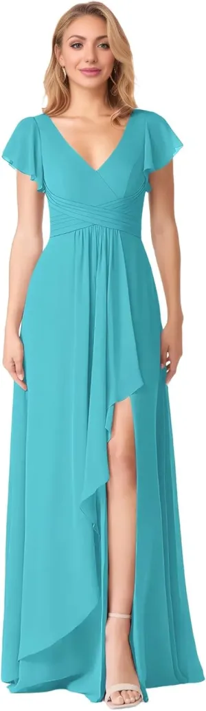 Flutter Sleeve Chiffon Bridesmaid Dresses with Slit Long V Neck A-Line Pleated Formal Evening Dresses for Women