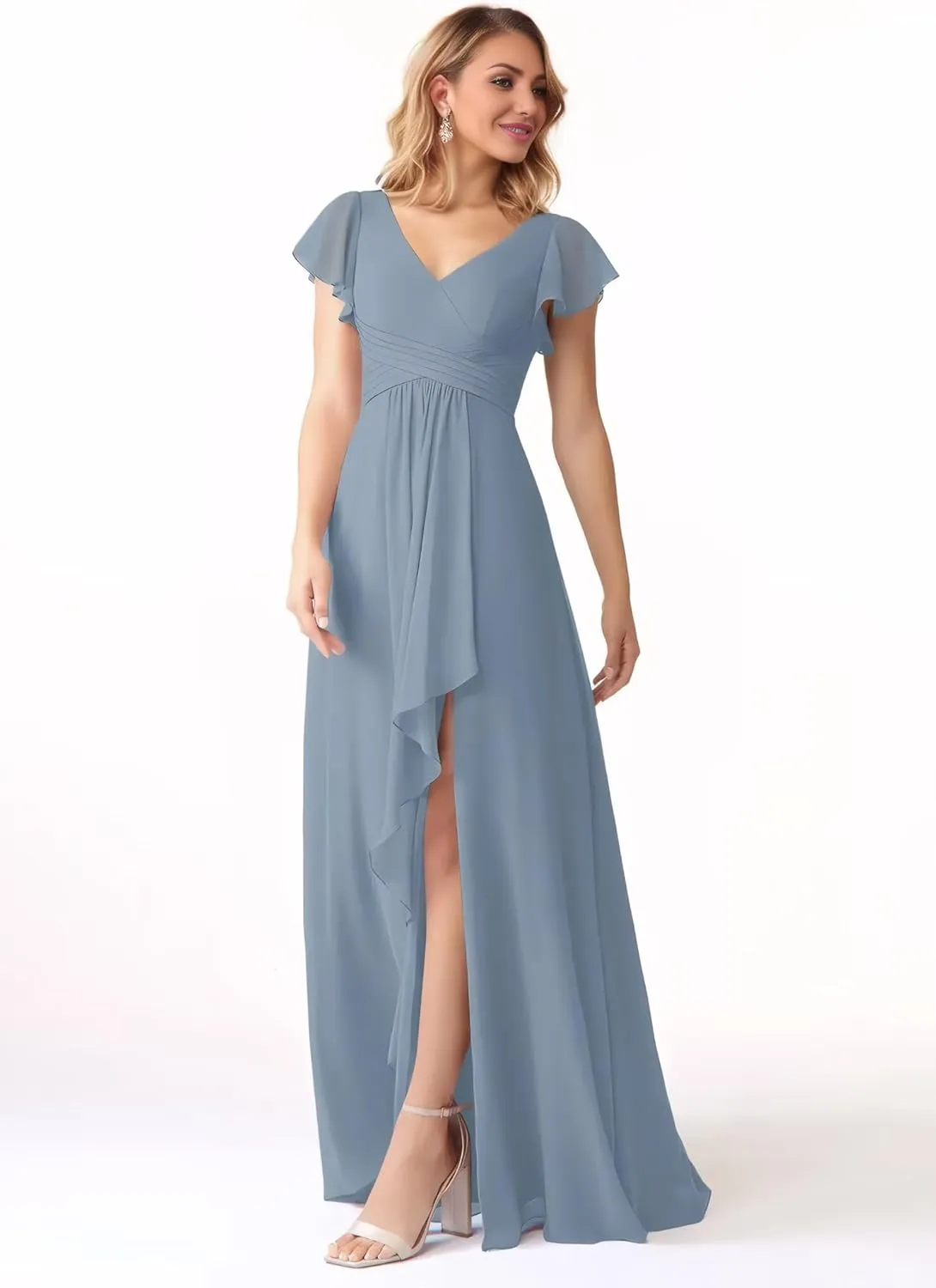 Flutter Sleeve Chiffon Bridesmaid Dresses with Slit Long V Neck A-Line Pleated Formal Evening Dresses for Women