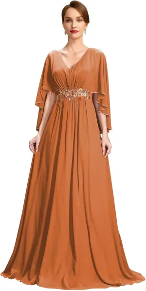 Flutter Sleeve Chiffon Mother of The Bride Dresses Long Lace Beaded Formal Dresses for Women