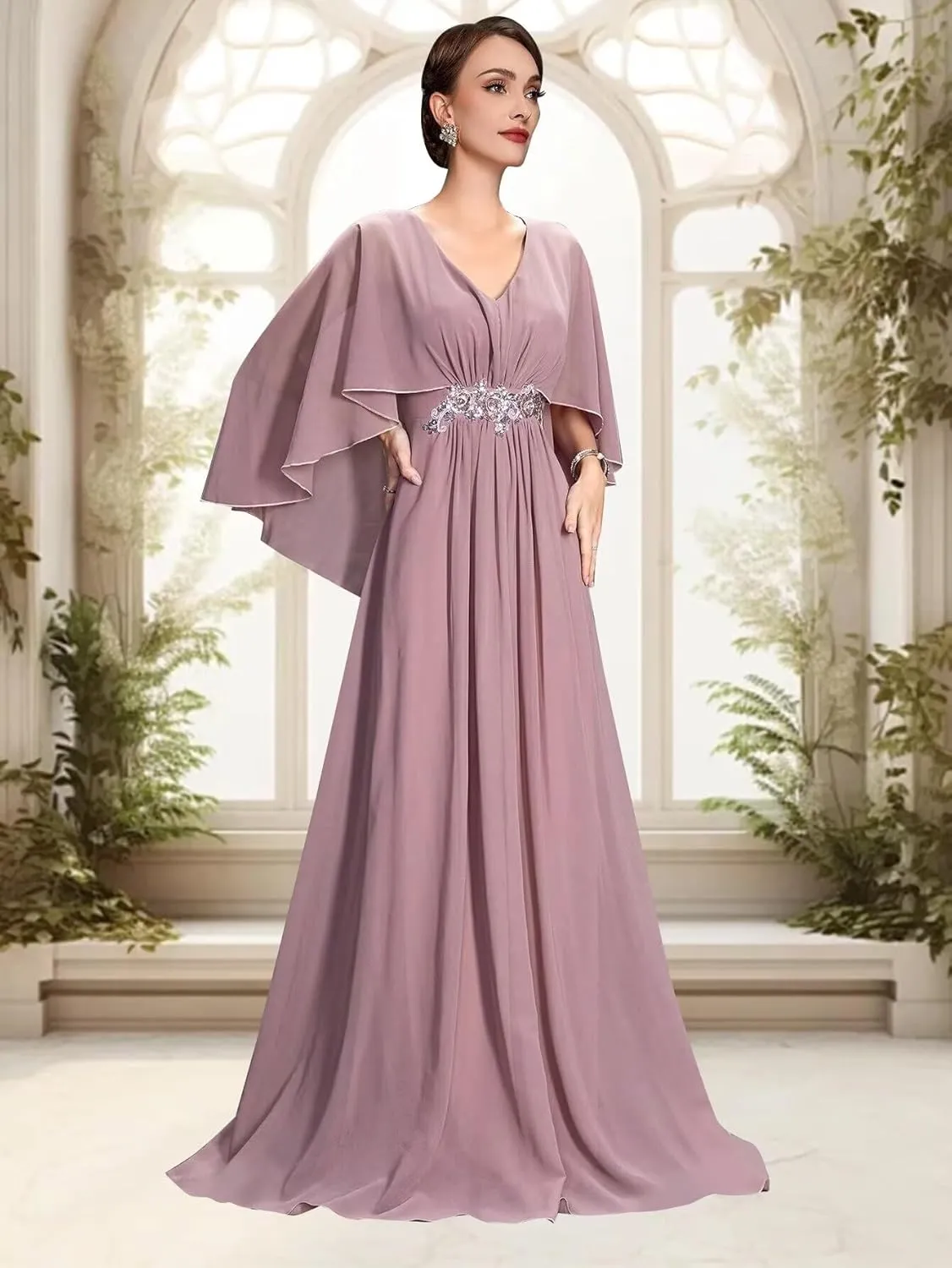 Flutter Sleeve Chiffon Mother of The Bride Dresses Long Lace Beaded Formal Dresses for Women