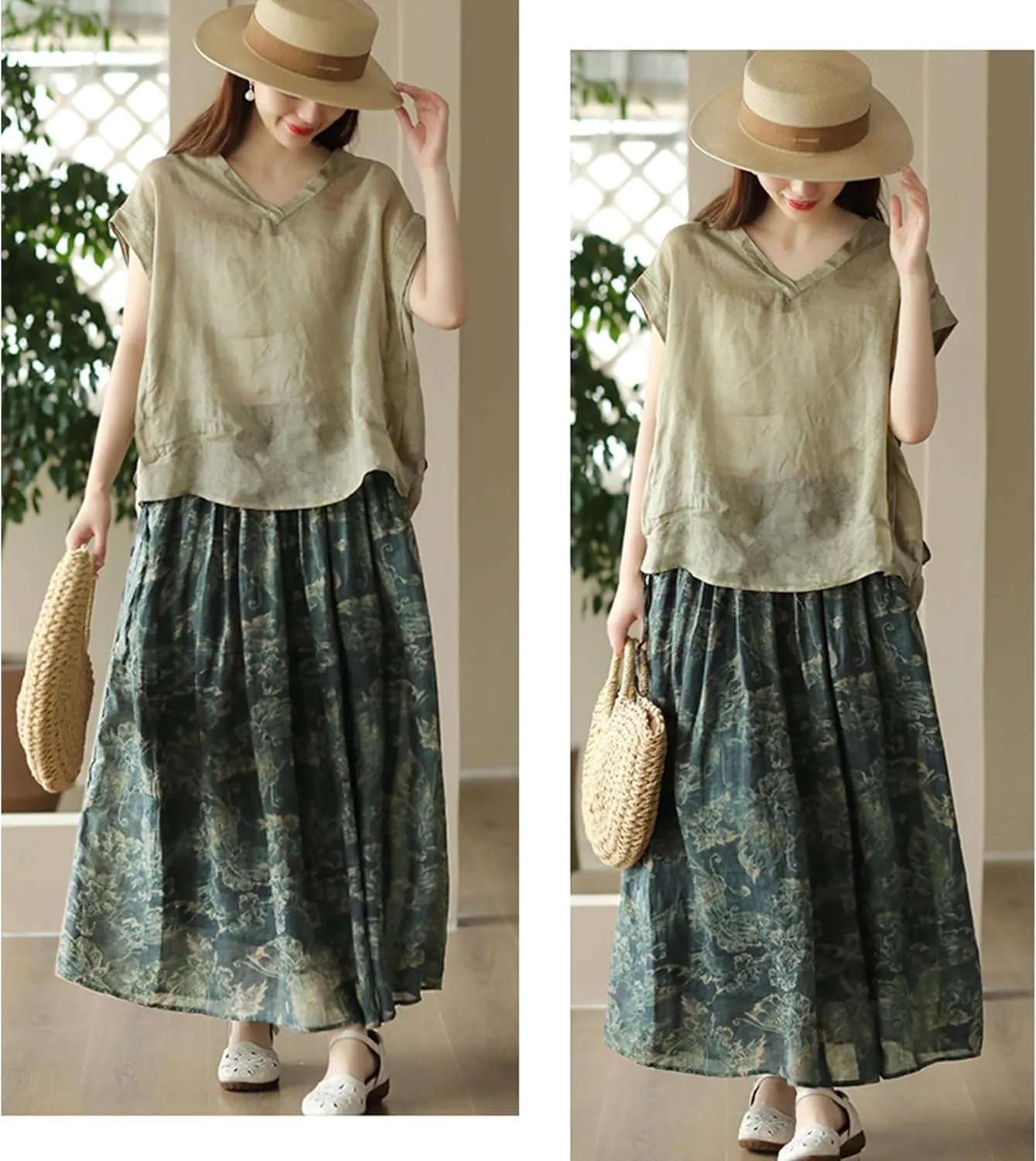 Giltpeak Women Floral Linen Maxi Skirt High Elastic Waist, Summer A-Line Cotton Flowy Long Skirt with Pocket