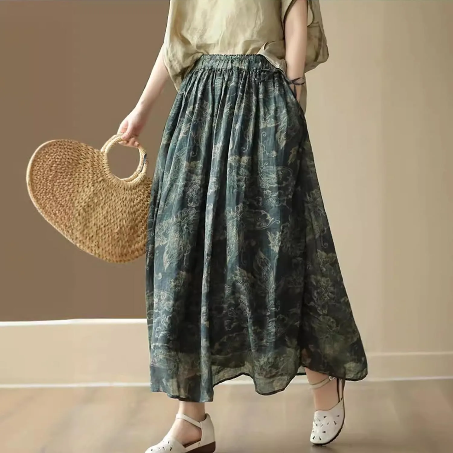 Giltpeak Women Floral Linen Maxi Skirt High Elastic Waist, Summer A-Line Cotton Flowy Long Skirt with Pocket